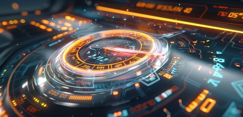 Close up of a futuristic digital speedometer with glowing orange and blue lights. The needle is pointing to the red zone.