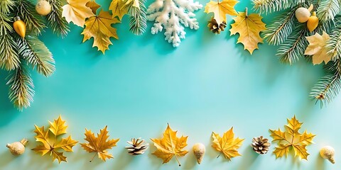 Obraz premium Banner Christmas many dry leaves and snow are on table