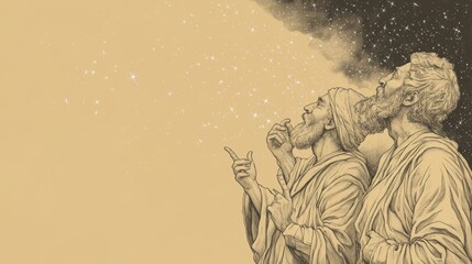 Biblical Illustration: Babylon's Astrologers Despair Under Darkening Skies, Beige Background