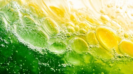 A close-up of green and yellow liquid with bubbles.