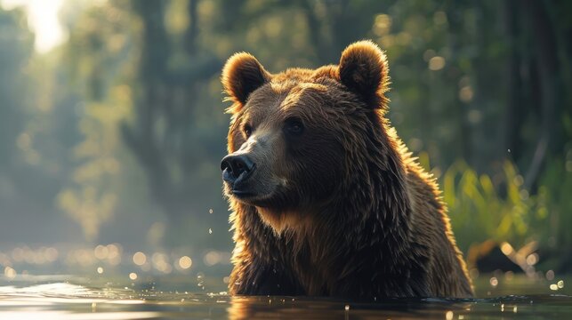 A brown bear standing in the water with its head out, looking forward.