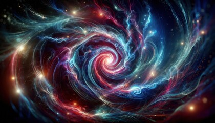 Fototapeta premium Luminous energy spirals, iridescent blue and crimson twists, ethereal swirls in the cosmic darkness, glowing trails of light in a vortex, abstract neon shards painting the void