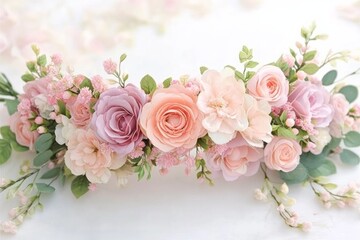 Obraz premium A delicate floral headpiece adorned with soft pastel flowers, including roses and greenery