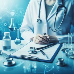 stethoscope for medical doctor diagnosis on blue health science laboratory background
