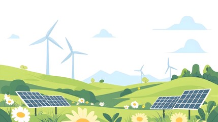 Renewable Energy Solutions:Wind Turbines and Solar Panels in a Clean Green Landscape