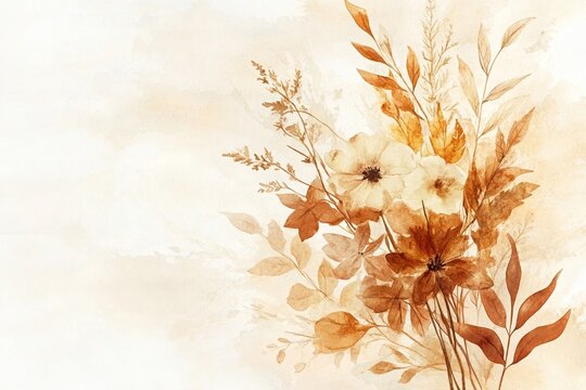 Minimalist watercolor floral illustration with muted earthy tones, featuring delicate flowers, leaves, and stems, creating a serene and elegant composition