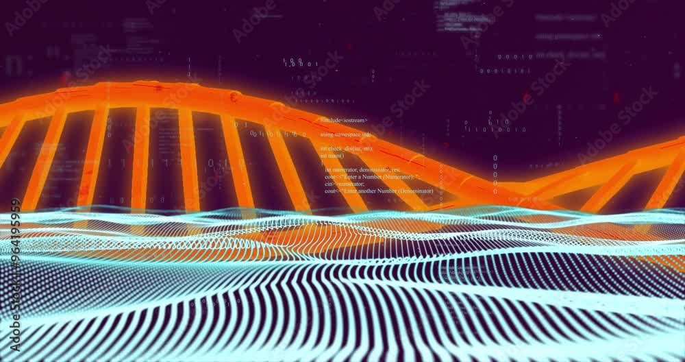 Poster dna strand and binary coding over abstract digital landscape