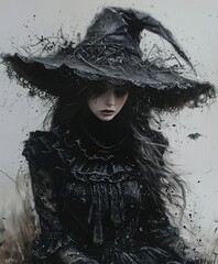 Young beautiful witch in black hat - Halloween illustration