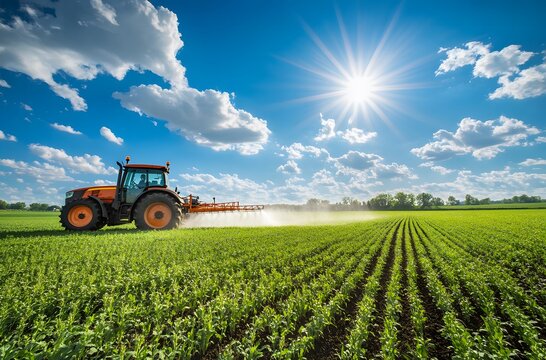 Fototapeta A tractor spraying integrated sprays on crops