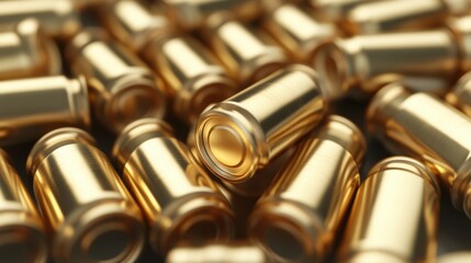 A pile of gold colored bullets on a table, AI