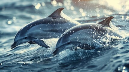 Obraz premium Two dolphins jumping in the air above a body of water with clear skies and a sunny day.