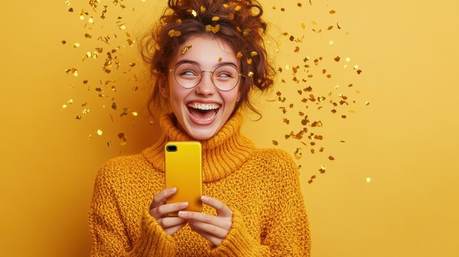 A woman in a sweater holding up her phone and smiling, AI