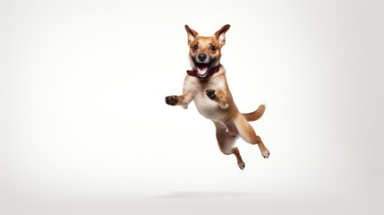 Obraz premium A joyful dog leaping in mid-air, showcasing its playful spirit and energy.