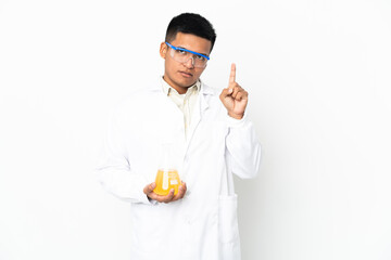 Young Ecuadorian scientific man thinking an idea pointing the finger up