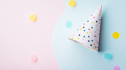 Birthday party hat on pastel pink background with confetti, copy space. Cute invitation mockup. Generative AI