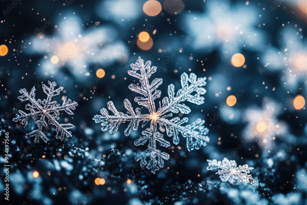 Wall mural snowflakes are falling on a snow covered surface with a dark blue background and bokeh. the image ev