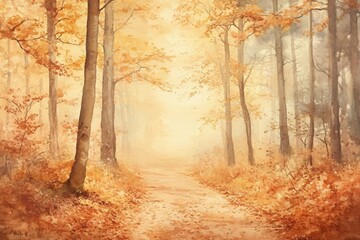 Watercolor painting of an autumn forest path with golden and orange foliage