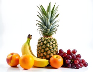 Fresh fruits with pineapple, banana, orange, apple and grapes isolated on white background, food and fruit concept