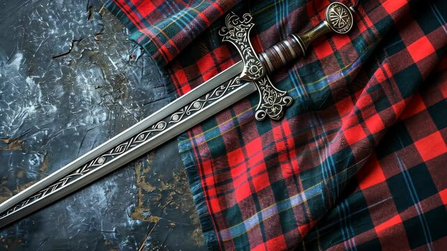 Traditional Scottish tartan paired with an ornate sword on a textured surface