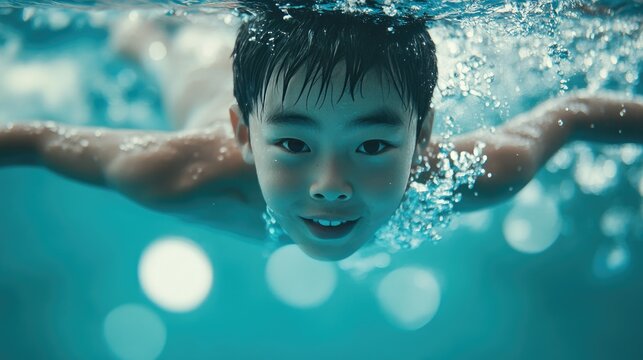 Asian boy swimming race freestyle