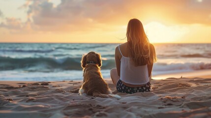 Rear view of woman with dog relaxing on sand on beach.