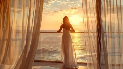 Young woman in white dress standing on a balcony overlooking the ocean at sunset.