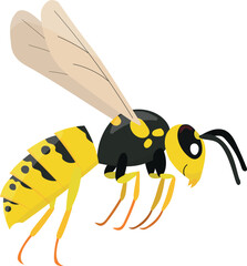 Illustration of a friendly wasp flying and smiling isolated on white background. Cartoon illustration of insect for kids.