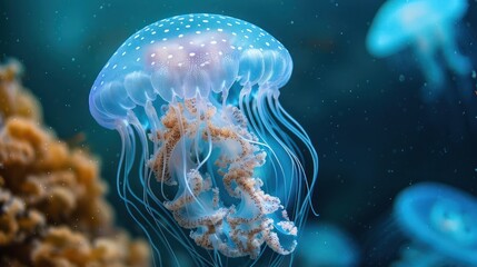 a vibrant, colorful jellyfish floating among coral in the ocean underwater.