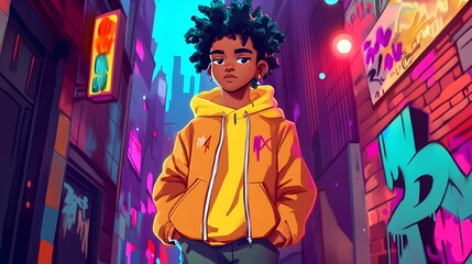 Obraz premium Young Man Walking Through Vibrant Neon-Lit Urban Street at Night