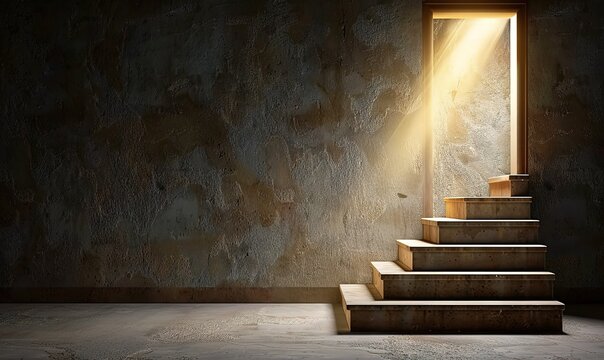 A staircase leading up to a doorway with bright light shining through.  A metaphorical image of hope, opportunity, and new beginnings.