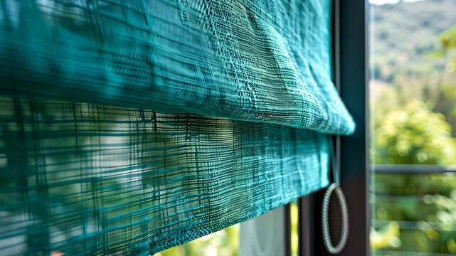 Turquoise roller blind installation in a modern living room with cozy decor elements