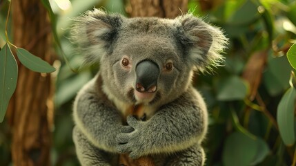 A koala sitting on a branch, peeking out from behind the leaves, surrounded by foliage.