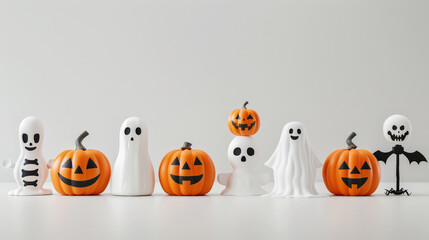 Aesthetic Halloween 3D figures of cute pumpkins, ghosts, skeletons, light background. Invitation mockup. Generative AI