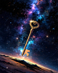 A golden key floating in space, surrounded by stars and a galaxy