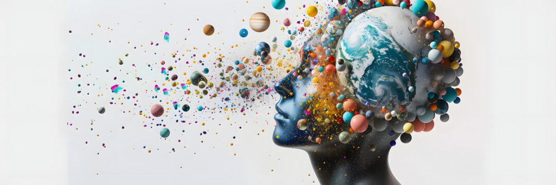 An astronaut with stars and planets orbiting their exploding head and Symbolizing the concept of cosmic isolation and mental health in space exploration. 