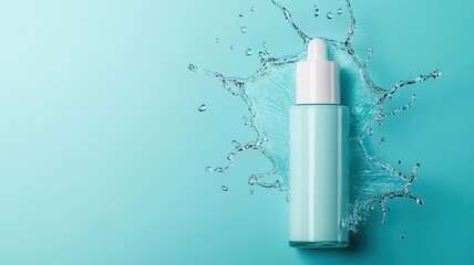 Vibrant water splash around a sleek moisturizer bottle, captured midmotion, conveying freshness and hydration