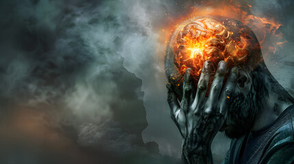 An athlete with an exploding head and Symbolizing the concept of stress and mental health in a sports environment. 