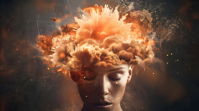 An athlete with an exploding head and Symbolizing the concept of stress and mental health in a sports environment. 