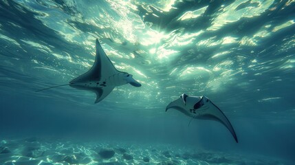 Obraz premium A group of four sting squids hunt together in the deep ocean.