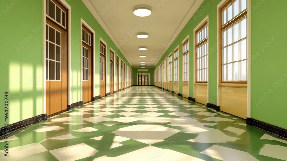 Sticker A hallway with green walls and white tile flooring, AI