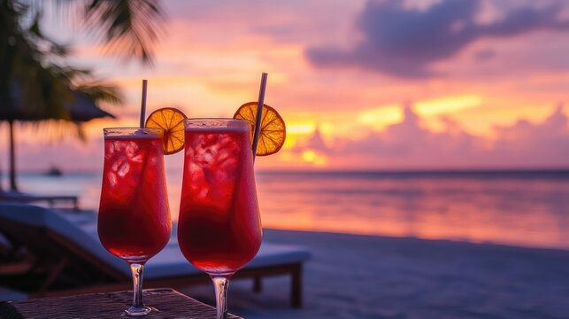 summer cocktails on luxury tropical beach resort at sunset exotic summer drinks