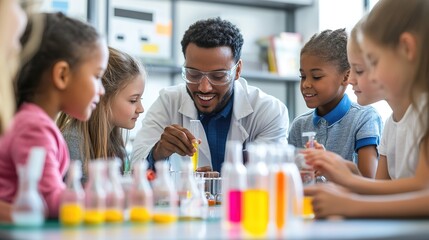 A teacher guiding a group of young students through a hands-on science experiment in a bright, modern classroom