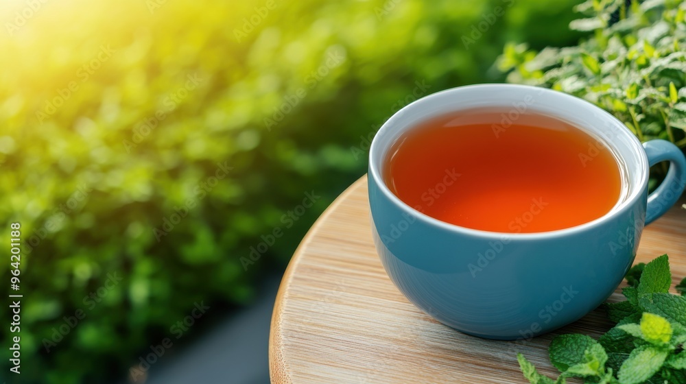 Poster A cup of tea on a wooden table next to some plants, AI