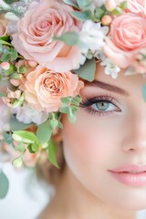 Naklejka premium A stunning close-up of a womans face adorned with a pastel floral headpiece