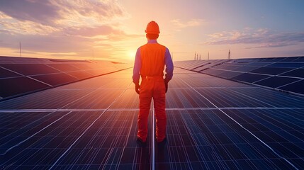 Engineer Overseeing Solar Panel Manufacturing Plant with Production Lines