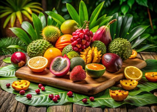 A vibrant still life featuring a medley of exotic jobo fruta fruits, artfully arranged on a wooden cutting board amidst lush green foliage.