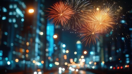 Close-up of city street, city firework landscape background with high-rise buildings, showing night celebration, beautiful fireworks at night