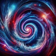 Luminous energy spirals, iridescent blue and crimson twists, ethereal swirls in the cosmic darkness, glowing trails of light in a vortex, abstract neon shards painting the void