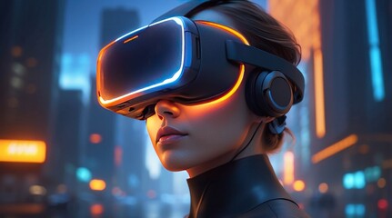 Young caucasian woman in virtual reality helmet against futuristic cityscape at night background. Cyber punk concept. Modern technology. Double exposure of woman and cityscape