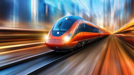 Speeding train passing through urban landscape